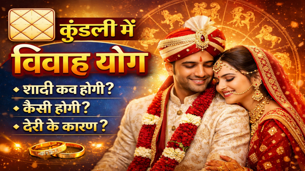 कुंडली में विवाह योग दर्शाता हुआ यूट्यूब थंबनेल – शादी कब होगी, कैसी होगी और देरी के ज्योतिषीय कारण समझाते हुए वर-वधू और राशिचक्र की छवि